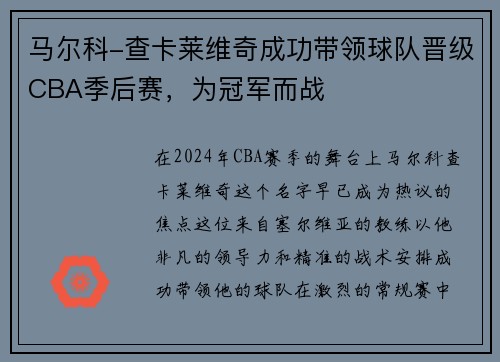 马尔科-查卡莱维奇成功带领球队晋级CBA季后赛，为冠军而战