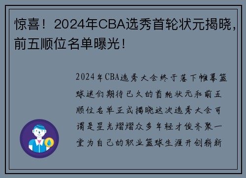 惊喜！2024年CBA选秀首轮状元揭晓，前五顺位名单曝光！