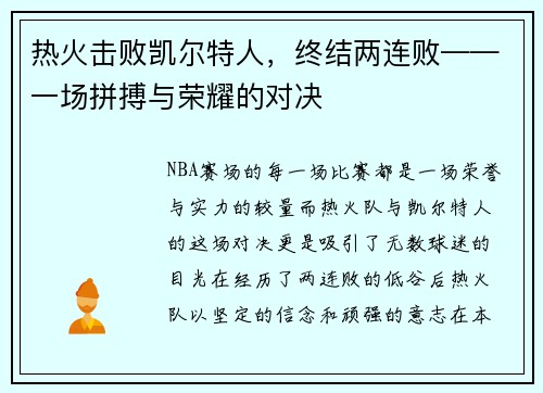热火击败凯尔特人，终结两连败——一场拼搏与荣耀的对决